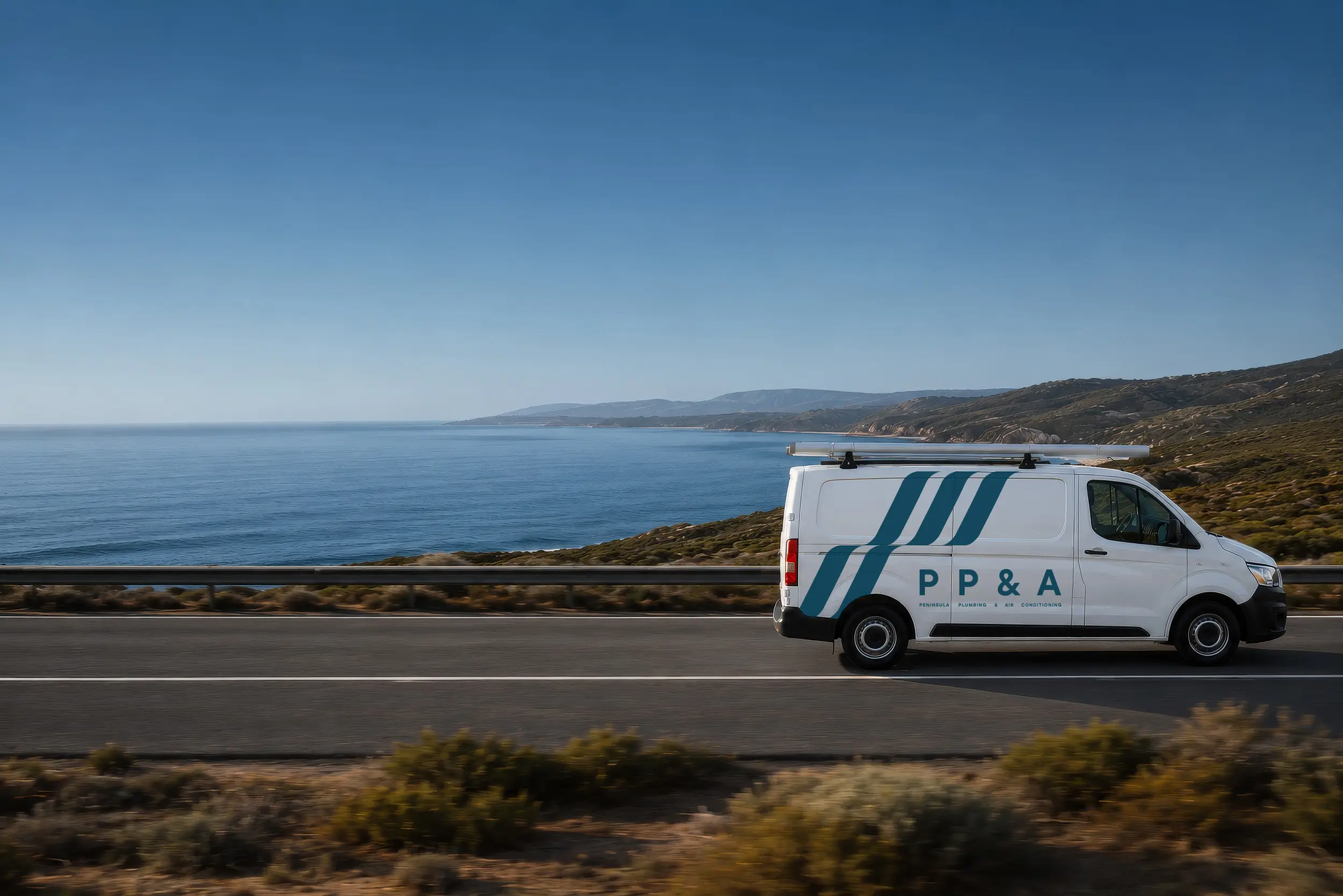Peninsula Plumbing & Air Con van on the coast